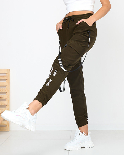 Tamsiai žalios moteriškos krovininės kelnės su dekoratyvinėmis juostelėmis - Drabužiai Aprašymo nėra