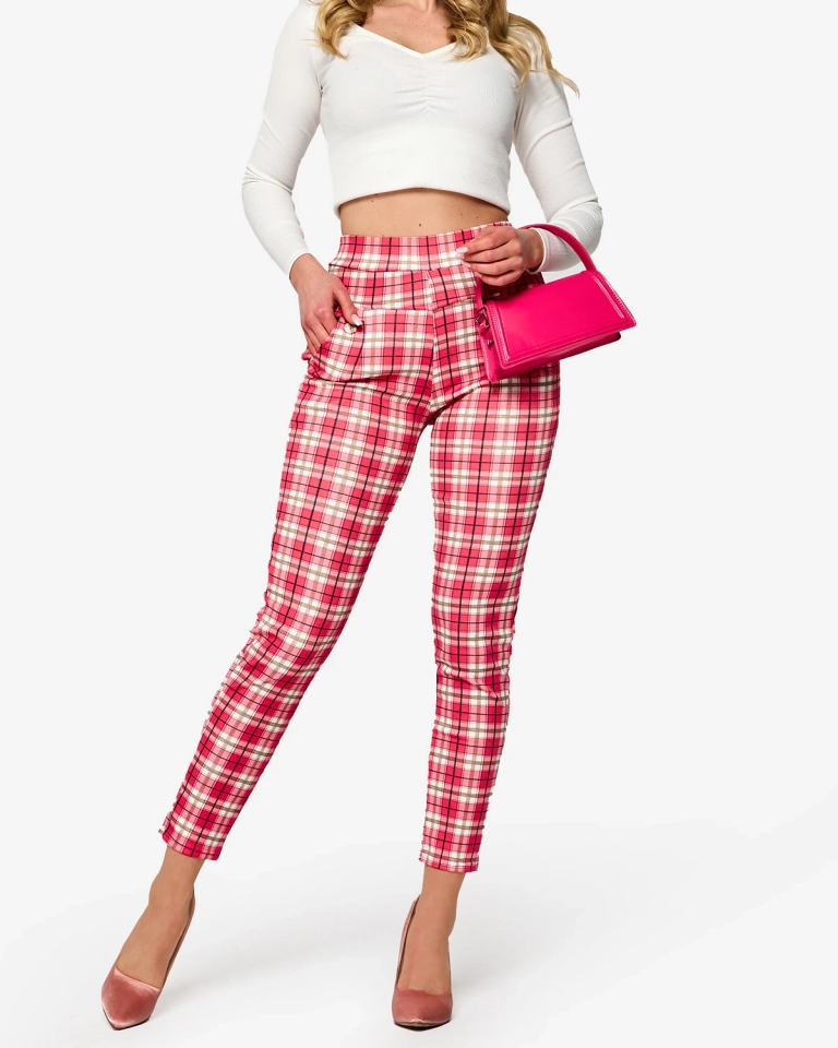 Rožinės spalvos languotos moteriškos tegins kelnės- Drabužiai