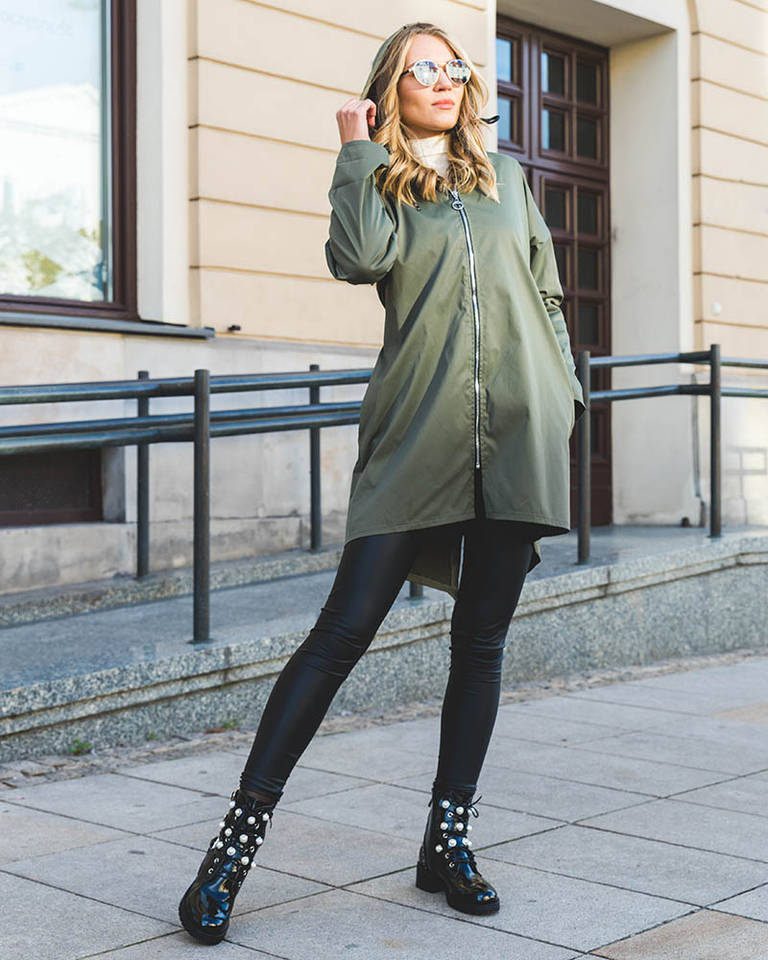 Темно-зеленая женская длинная куртка-ветровка - Одежда