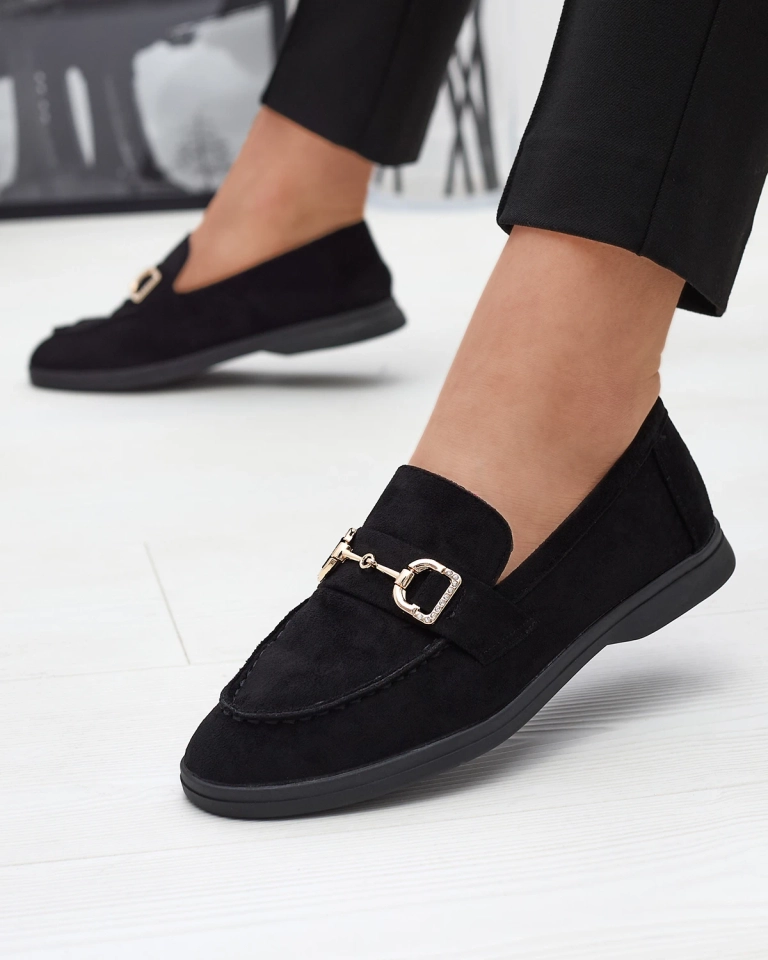 Juodi moteriški mokasinai su aukso puošmena Neterri - Avalynė