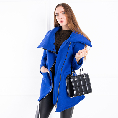 Синее женское пальто с асимметричной молнией
