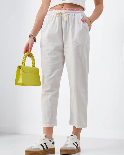 Royalfashion medvilniniai plačios moteriškos kelnės su raišteliu