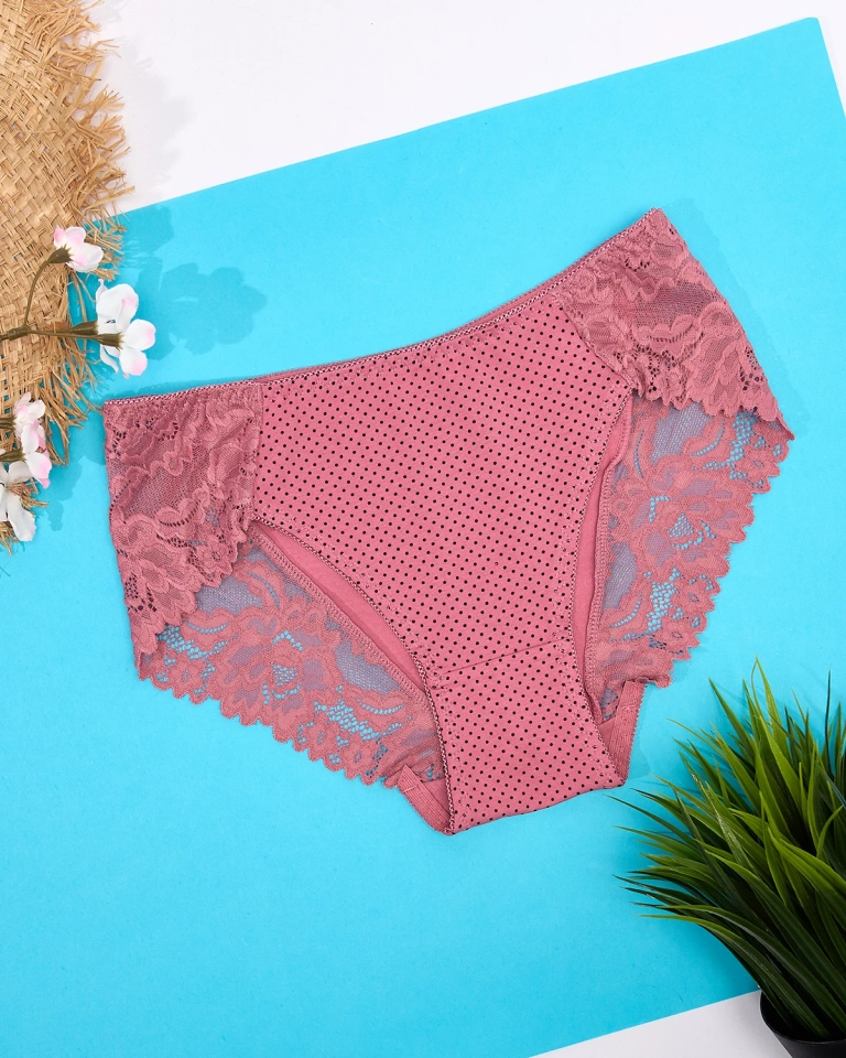 Tamsiai rožinės spalvos moteriškos kelnaitės su taškučių raštu - apatinis trikotažas