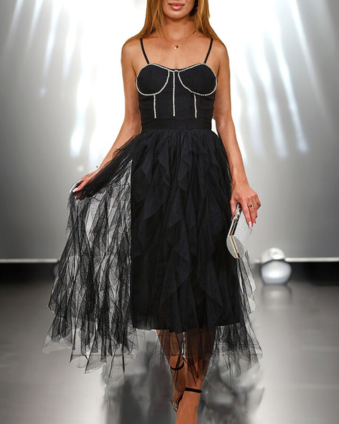 Royalfashion Juoda moteriška midi suknelė su tiuliu