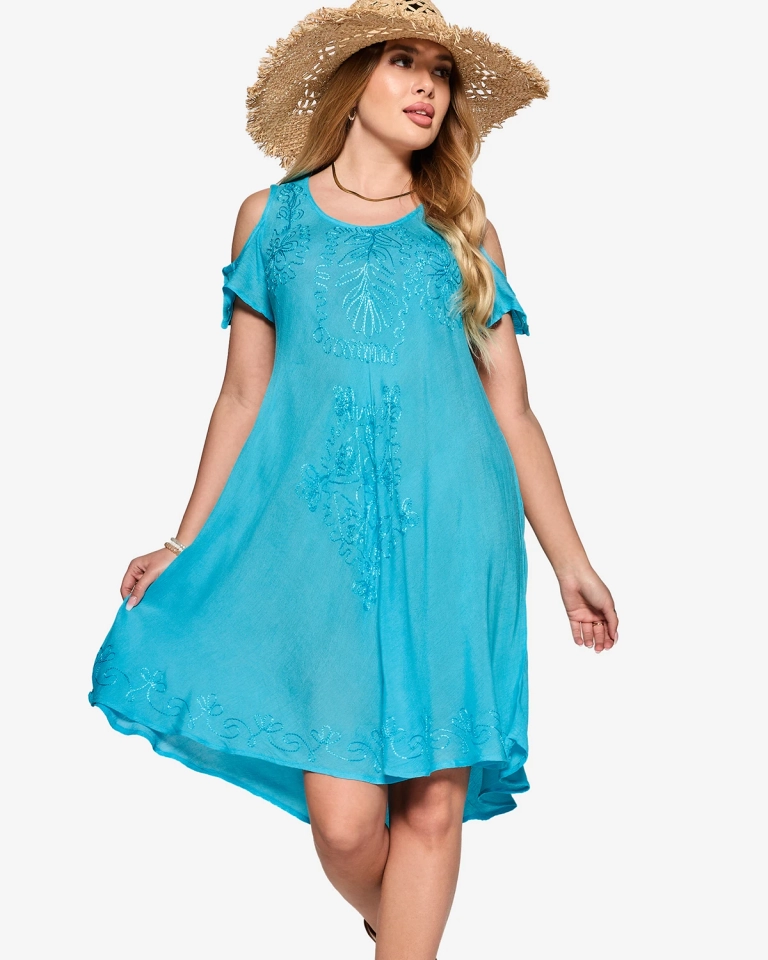 Голубое женское пляжное платье-юбка с вышивкой - Одежда