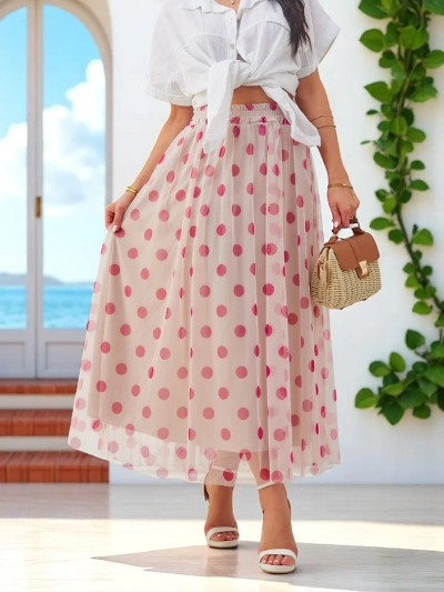 Royalfashion moterų viskozės midi sijonas su taškuotu tiuliu