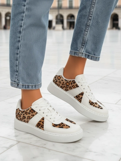 Женские кроссовки Calista Leopardia – Белая Экокожа Ткань Весна 4см
