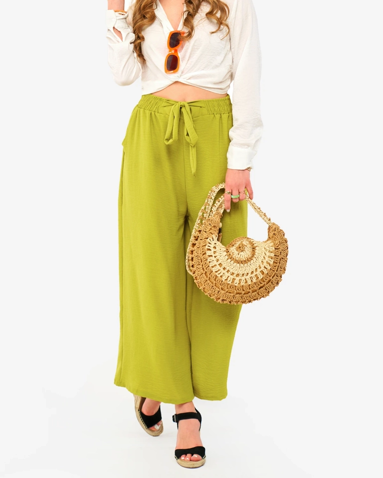 Žalios spalvos moteriškos palazzo kelnės- Drabužiai