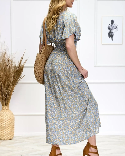 Mėlyna moteriška ilga suknelė su gėlių raštu - Apranga