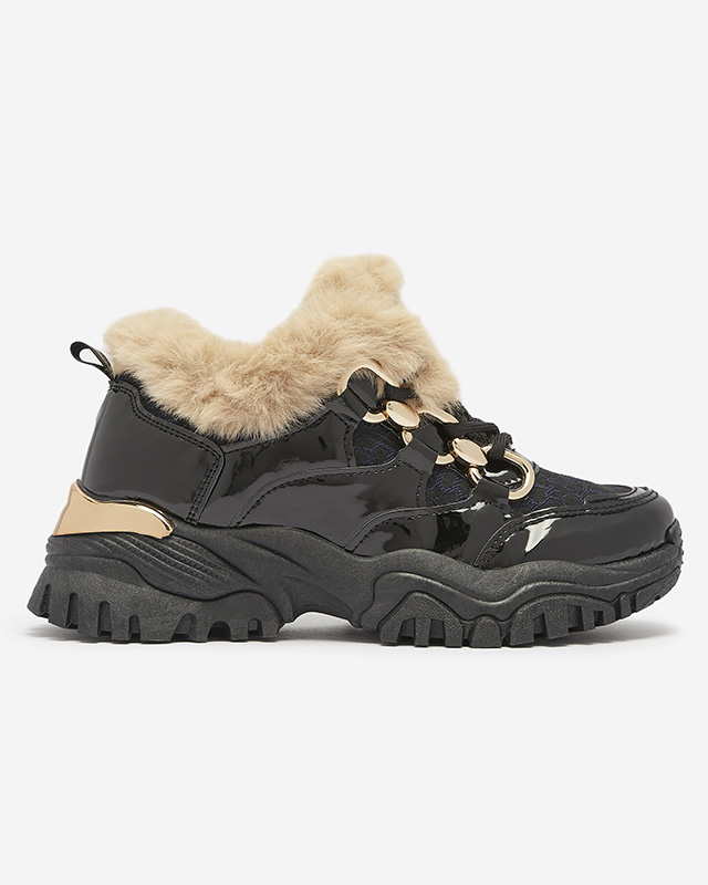 Спортивные лакированные черные женские кроссовки с мехом Axili- Footwear