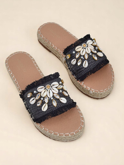 Royalfashion Helena Decor Women's Sandals Black Espadrille with Shells