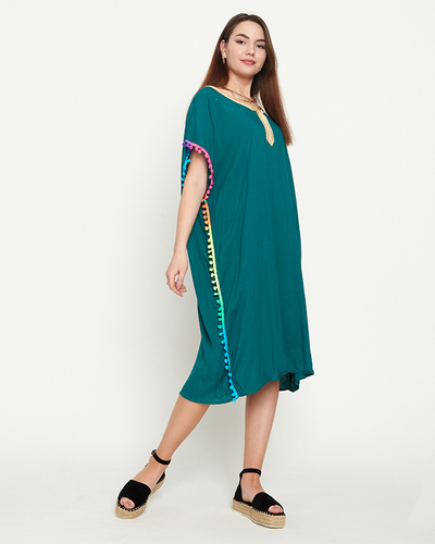 Tamsiai žalia moteriška vasaros paplūdimio tunika su pomponais - Drabužiai