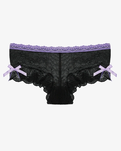 Juodos nėriniuotos moteriškos kelnaitės su violetiniais lankeliais - Apatinis trikotažas