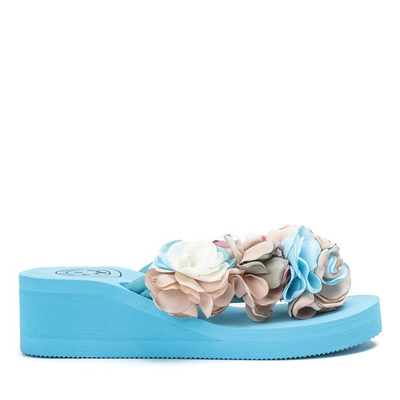 Niebieskie klapki na koturnie z kwiatami Parri - Obuwie
