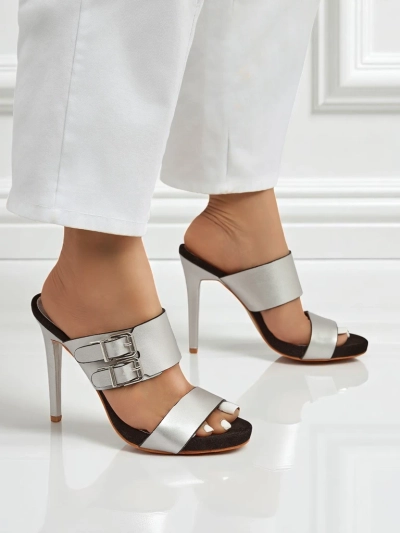 Aletheia Silver Stiletto Sandals 12cm Eco-Leather Buckle Straps