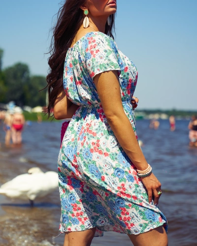 Royalfashion Женское цветочное мини-платье a'la hiszpanka синего цвета