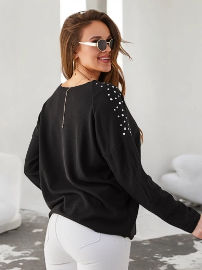 Royalfashion Moteriškas plonas viskozės megztinis su akmenukais ant pečių