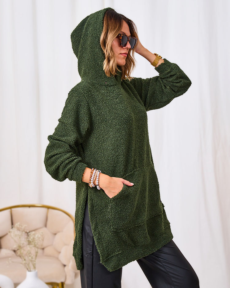 Royalfashion Темно-зеленый женский длинный свитер с капюшоном