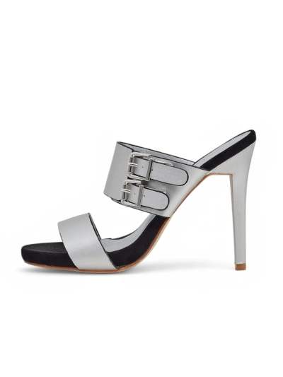 Aletheia Silver Stiletto Sandals 12cm Eco-Leather Buckle Straps