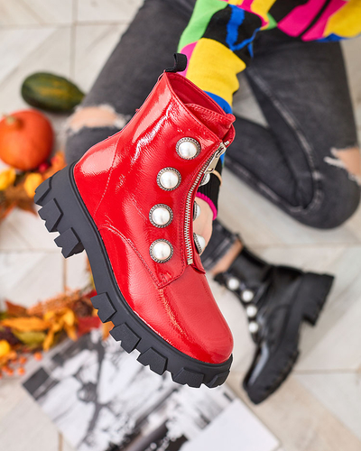 Royalfashion Raudoni lakuoti moteriški batai su perlais Asiciu