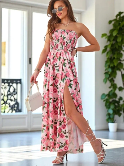 Royalfashion Узоровое женское миди-платье без рукавов с широким эластичным поясом и разрезами внизу