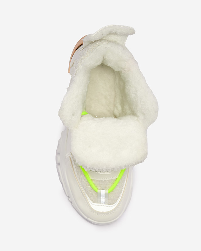 Balti moteriški sportiniai bateliai su kailiu ir neoninės žalios spalvos raišteliais "Sagglo- Footwear"