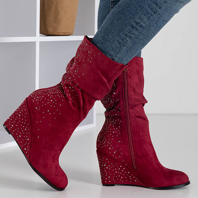 Bordowe damskie botki na koturnie z cyrkoniami Jilli - Obuwie