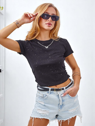 Royalfashion Женская хлопковая футболка с боковыми сборками, цепочкой и блестками