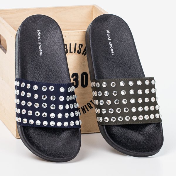 Zielone damskie klapki ze srebrnymi diamencikami Diamenta - Obuwie