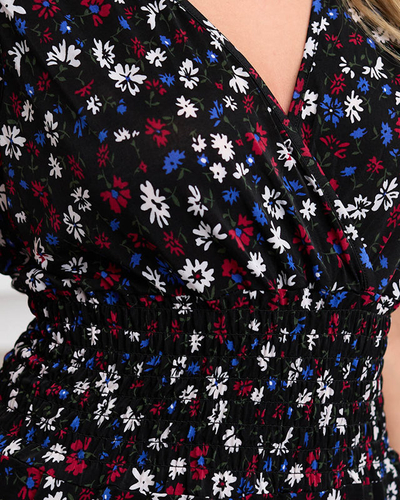 Женский черный комбинезон с цветочным принтом- Одежда