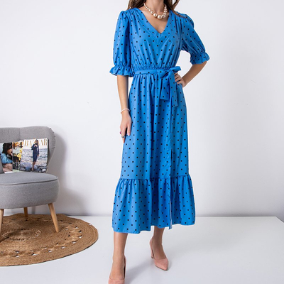 Темно-голубое женское длинное платье в горошек