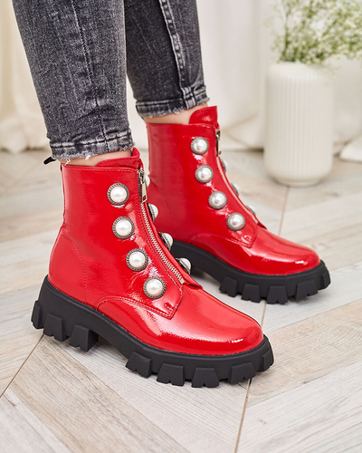 Royalfashion Raudoni lakuoti moteriški batai su perlais Asiciu