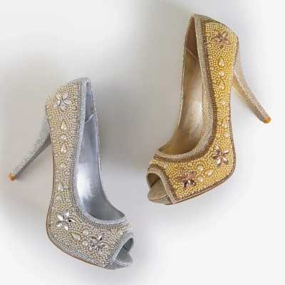Женские туфли-лодочки OUTLET Gold из парчи с цирконами и жемчугом Gitana - туфли