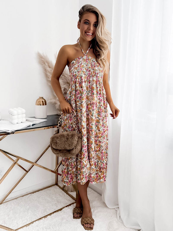 Balta moteriška midi suknelė su gėlių raštu PLUS SIZE - Drabužiai