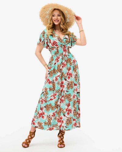 Женское платье-миди мятного цвета с цветочным узором - Одежда