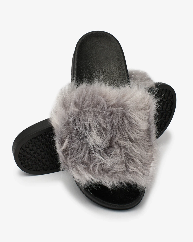 Royalfashion Juodai pilkos moteriškos šlepetės su kailiu Danita