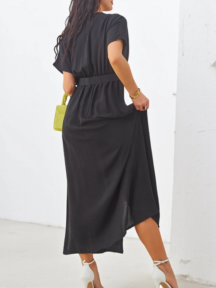 Royalfashion Moteriška midi suknelė su trumpomis rankovėmis, V formos iškirpte ir skilimu viduryje