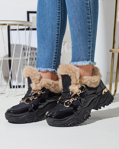 Спортивные лакированные черные женские кроссовки с мехом Axili- Footwear