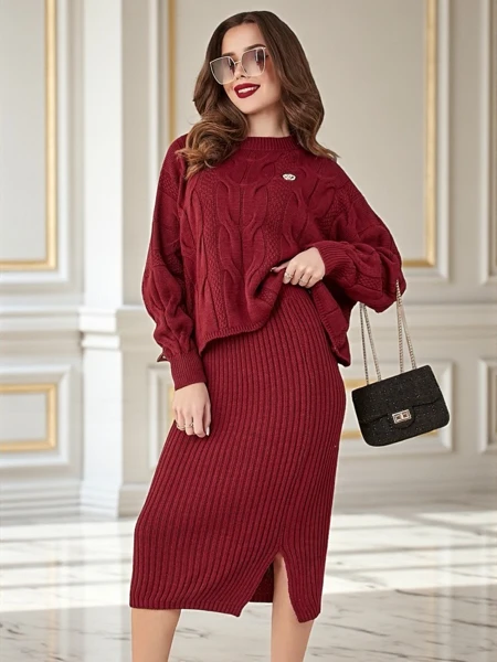 Royalstilius Akrilinis pintas moteriškas komplektas su megztiniu ir sijonu Šiltas ir puošnus