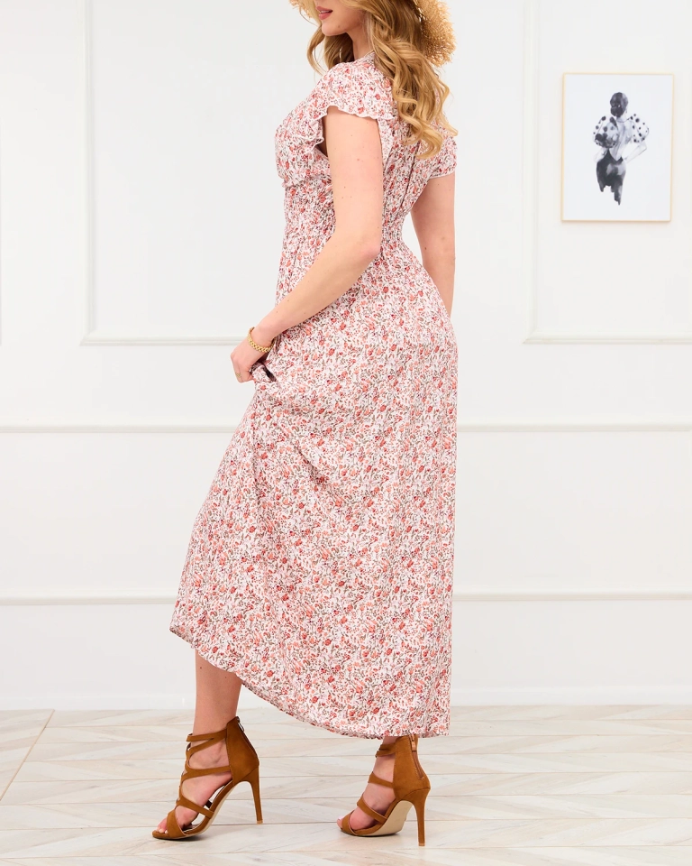 Женское бело-оранжевое платье-макси с цветочным узором - Одежда