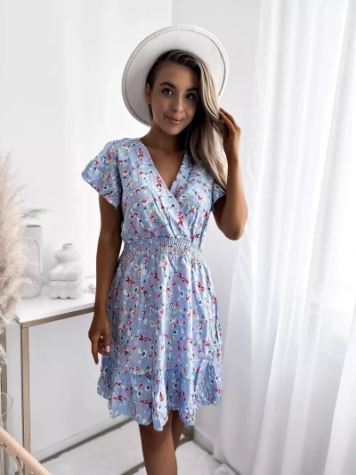 Royalfashion Mėlyna moteriška mini suknelė su gėlių motyvais