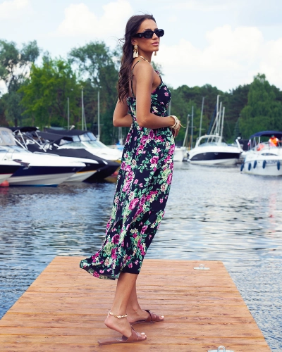 Royalfashion Juoda ilga gėlėta moteriška suknelė