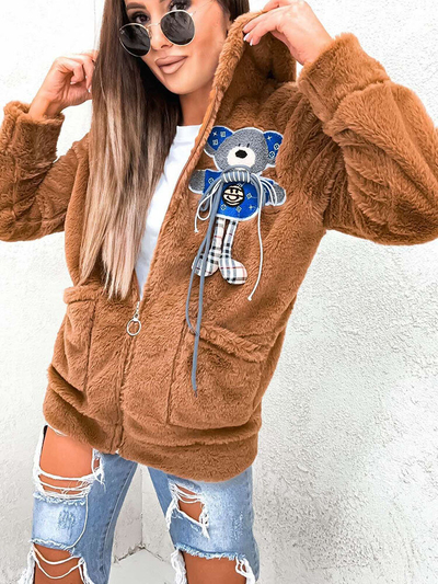 "Royalfashion" Rudas vilnonis audinys su mėlynu dekoratyviniu meškiuku