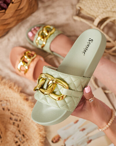 Moteriškos žalios dygsniuotos šlepetės su auksine grandinėle Eteris - Avalynė