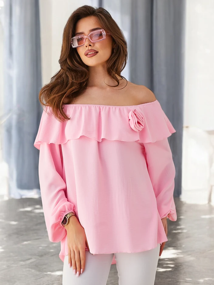 Royalfashion Moteriška bluzonė be petnešų su volanais ir gėlėmis