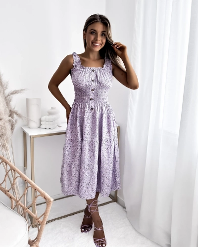 Violetinė moteriška suknelė be petnešėlių su spalvingomis gėlėmis - Apranga
