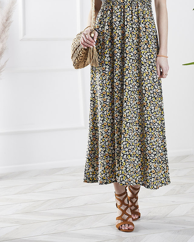 Женское цветочное платье-миди черного цвета- Одежда