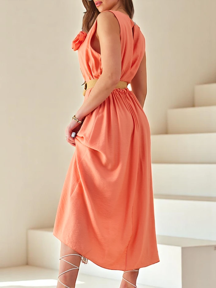 Платье миди Royalfashion для женщин с бретелями, круглый вырез с декоративным цветком