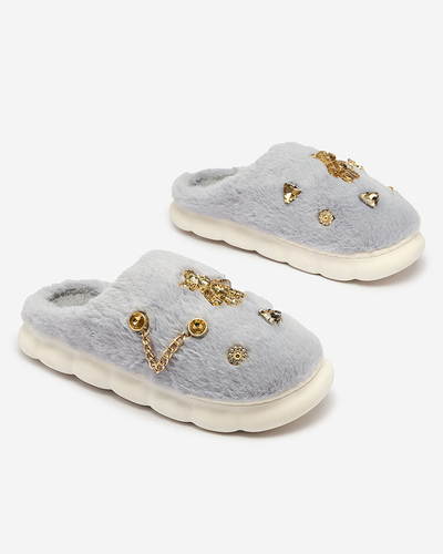 Royalfashion Mėlynos moteriškos kailinės šlepetės su ornamentais Erserra