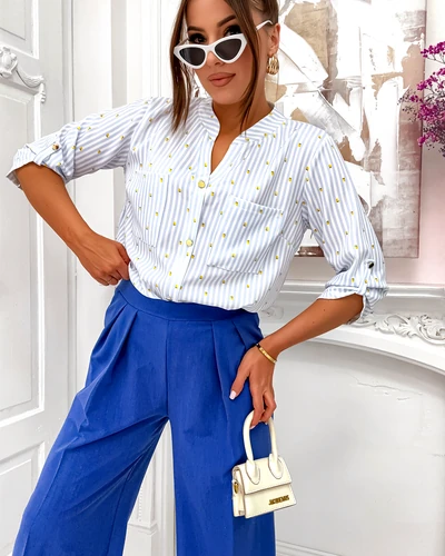 Royalfashion moteriška marškiniai su juostelėmis ir citrinos bei V formos iškirpte